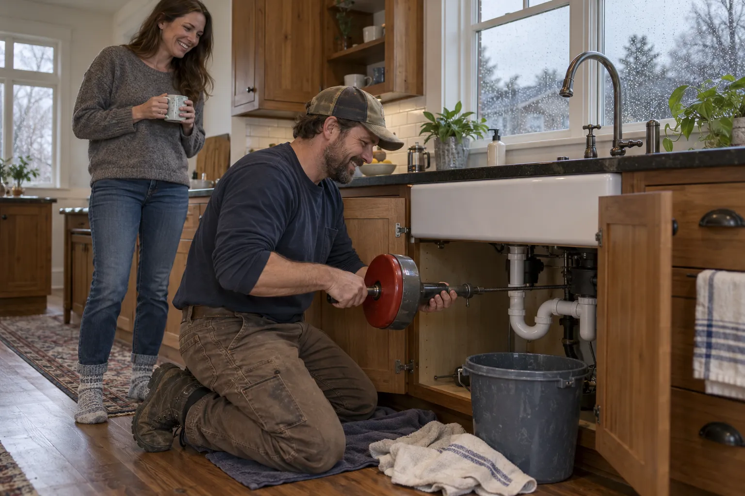 A friendly local provider clearing a kitchen drain in a home near Snoqualmie while a homeowner looks on