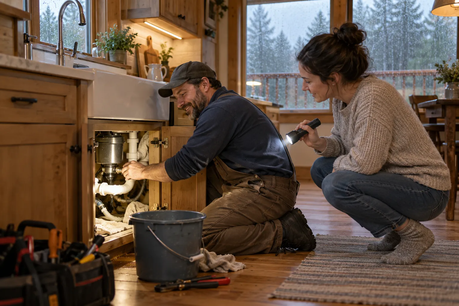 Friendly local plumbing provider checking a pipe under a kitchen sink for a homeowner near Snoqualmie