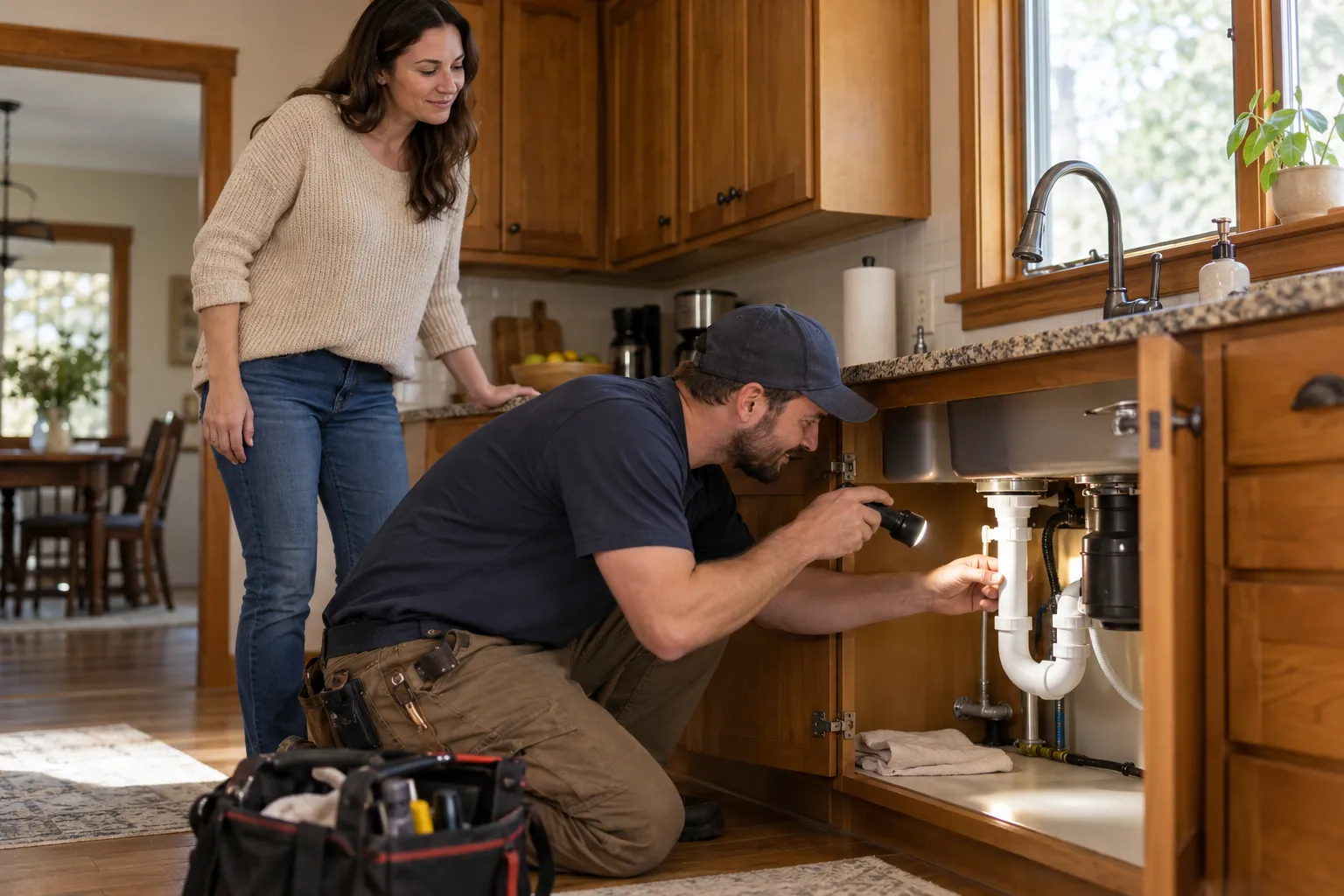 A friendly plumbing provider checking a pipe under a kitchen sink in a Snoqualmie home