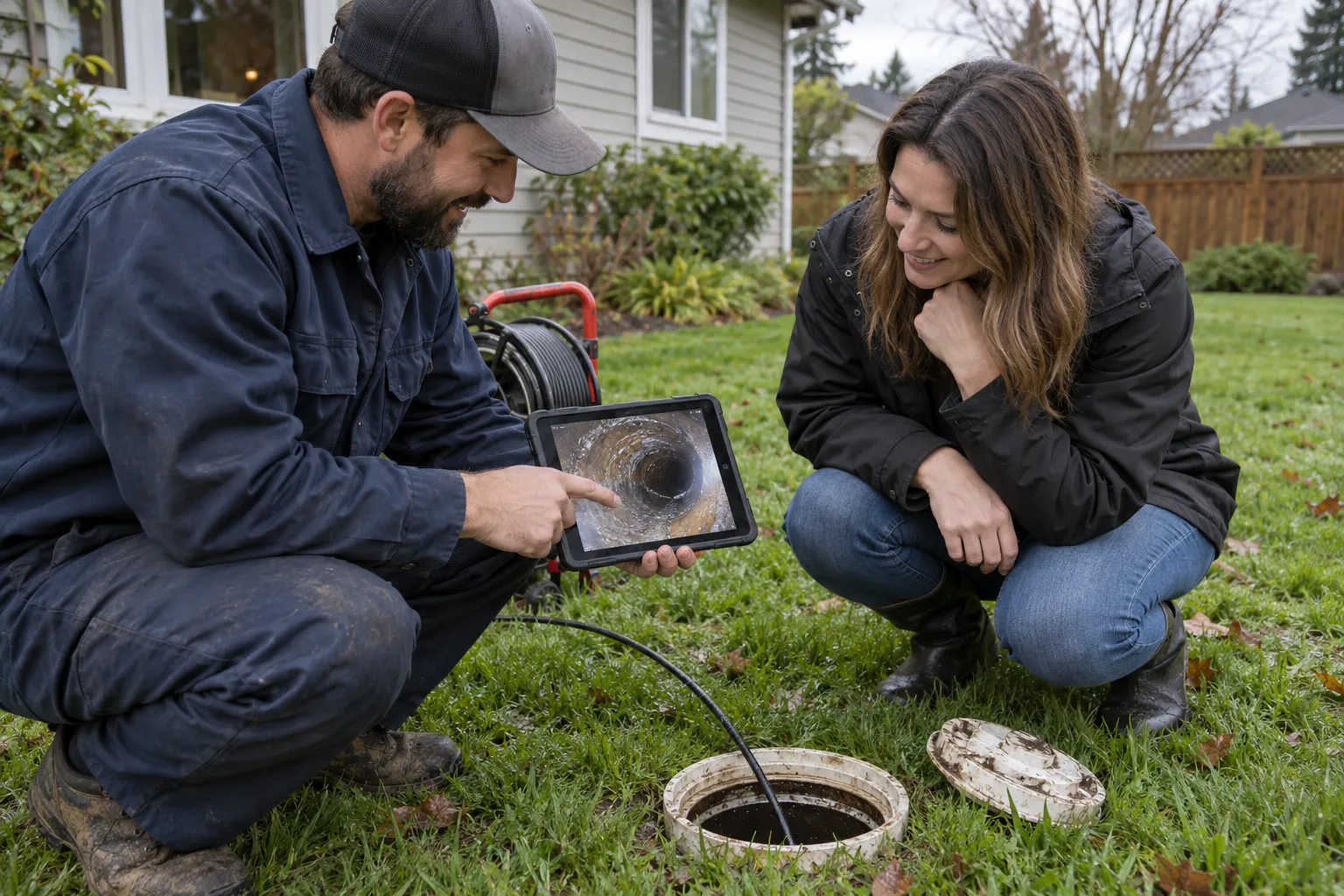 Friendly plumber and homeowner reviewing a sewer camera inspection screen in a front yard near Snoqualmie